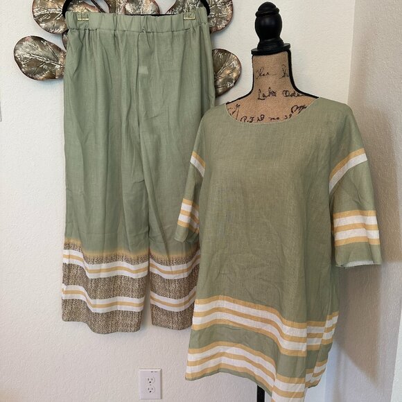 NWOT -Sage Green Linen Blend 2-Piece Set – Wide-Leg Pants & Tunic Top - Picture 3 of 5